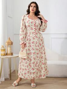 Modelyn 大码女式印花喇叭袖单排扣优雅连衣裙 - 粉色 - 查看 3