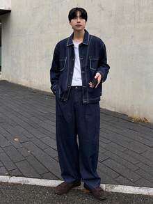 DAZY 男士纯色藏蓝色牛仔西装，秋季款 - 藍色 - 查看 3