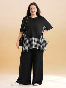 Momelise Setelan 2 Potong Atasan Patchwork Kasual Ukuran Plus + Celana Longgar Sederhana - Hitam - View 4