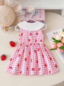 女婴草莓格子印花领绣草莓图案休闲连衣裙，适合日常穿着和度假穿着。 - 粉色 - 查看 2