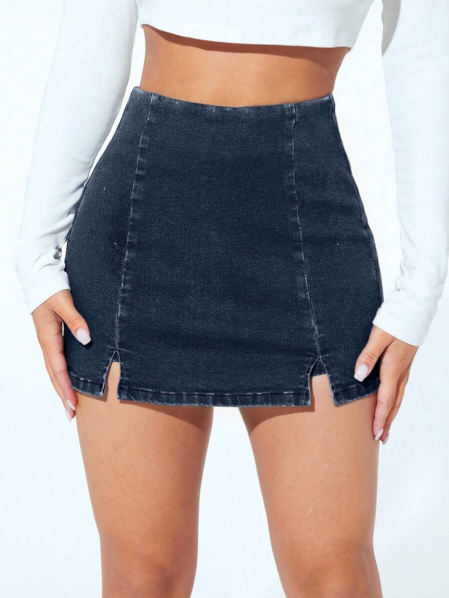 SHEIN PETITE 女士时尚百搭约会休闲牛仔短裤,侧开衩 - 寶藍色 - 查看 1