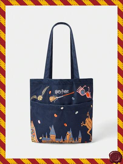 HARRY POTTER X SHEIN 1个装，线条字母三角形灯芯绒设计大容量印花灯芯绒手提袋