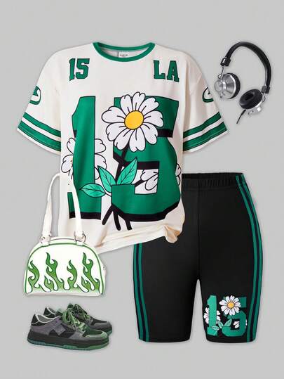 SHEIN ChillGRL 两件套少女时尚印花短袖T恤和紧身印花短裤，休闲街头风