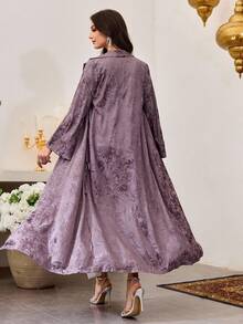 Al Najma Women's Purple Woven Jacquard Long Sleeve Tie-Front Elegant Abaya