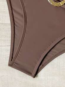 Swim Vcay 2件套女士卡其色挂脖系带金色圆圈褶皱前襟休闲度假风泳衣，春夏款 - 咖啡棕 - 查看 8