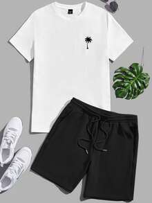 EASEVO Bộ đồ nam cỡ lớn gồm áo thun ngắn tay in hình cây cọ và quần short cạp chun, kiểu dáng thường ngày. - Đen và trắng - Xem 1