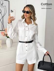 Easowa Women's All White Jumpsuit,Autumn Casual Occasion Lapel Slant Pocket Button Front Shirt-Style Loose Elegant Commuter Vintage Long Sleeve Romper - White - View 3