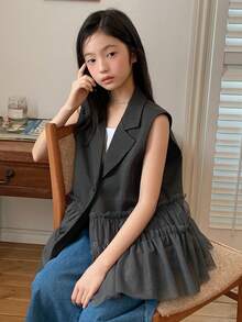 DAZY Chaleco de blazer sin mangas con parches de malla negra para niñas preadolescentes - Gris - Ver 6