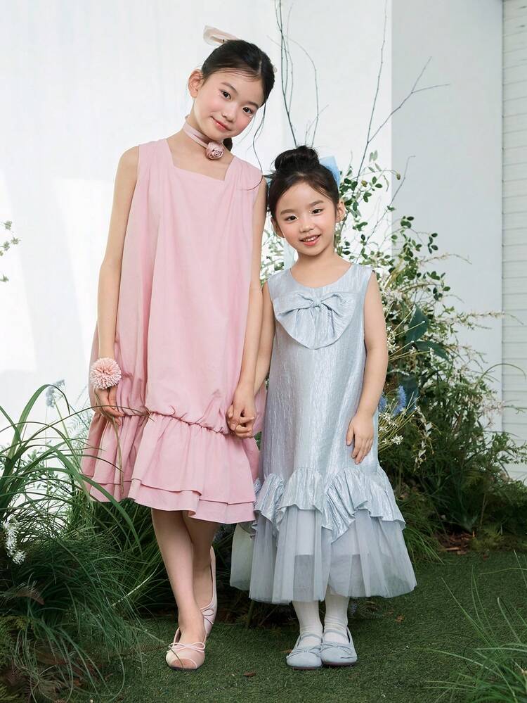 Tween Girls Square Neck Sleeveless Solid Color Dress Summer