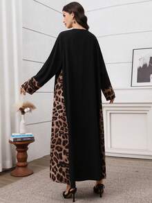 Al Najma Long Sleeve Woven Fabric Modest Abaya With Random Leopard Print And Split Hem - Black - View 2