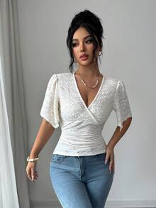 Selianne 女士提花荷叶袖褶皱T恤 - 杏色 - 查看 3