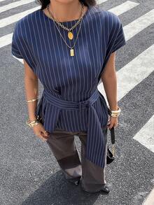 Siren Gaze Women's Navy Blue Striped Asymmetric Short Sleeve Blouse, Elegant Office Lady Waist Cinching Shirt Blue Pinstripe Shirt Navy Striped Top Cinched Waist Blouse - Navy Blue - View 4