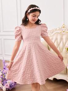 SHEIN Elladie kids Robe à manches courtes unie en jacquard rose pour fille, style doux et frais, manches bouffantes, nœud papillon, à la mode et rétro, élégante et princesse - Rose bonbon - Voir 6