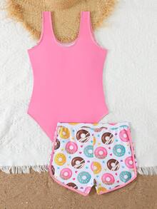 SHEIN 少女甜甜圈印花连体泳衣配短裤两件套 - 粉色 - 查看 2
