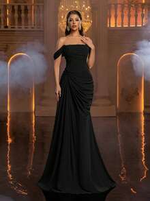 Glamrae Elegant Women's Formal Evening Gown,Minimalist Off-Shoulder Neckline Lash Lace Trim Draped Sheer Skirt Black Lightweight Mesh Bridesmaid Dress - Black - View 5