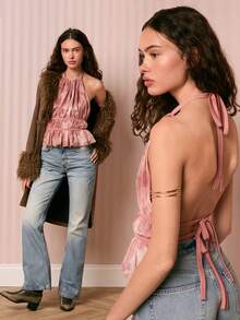 Easelle Áo tank top ôm sát cổ yếm bằng vải lưới in họa tiết dành cho nữ - Hồng - Xem 5