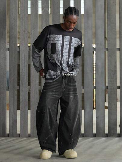 NEON BLANC 男士宽松街头风假两件式T恤，针织条纹袖，饰有“915”大号图案印花