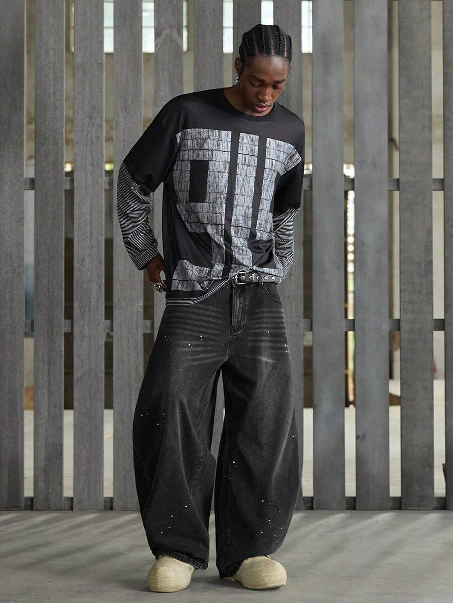 NEON BLANC 男士宽松街头风假两件式T恤，针织条纹袖，饰有“915”大号图案印花 - 黑色 - 查看 1