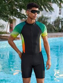 Palasendo Men's Ombre Color Short Sleeve One-Piece Swimsuit - Black - View 5