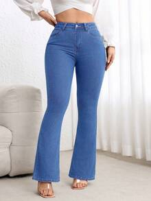 SHEIN CURVE+ Plus Size Women Blue Denim Elastic Sexy Fitted Flare Pants, Cowgirl/Rodeo - Medium Wash - View 4