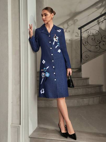 Selenza 女士花卉刺绣翻领长袖单排扣休闲牛仔连衣裙