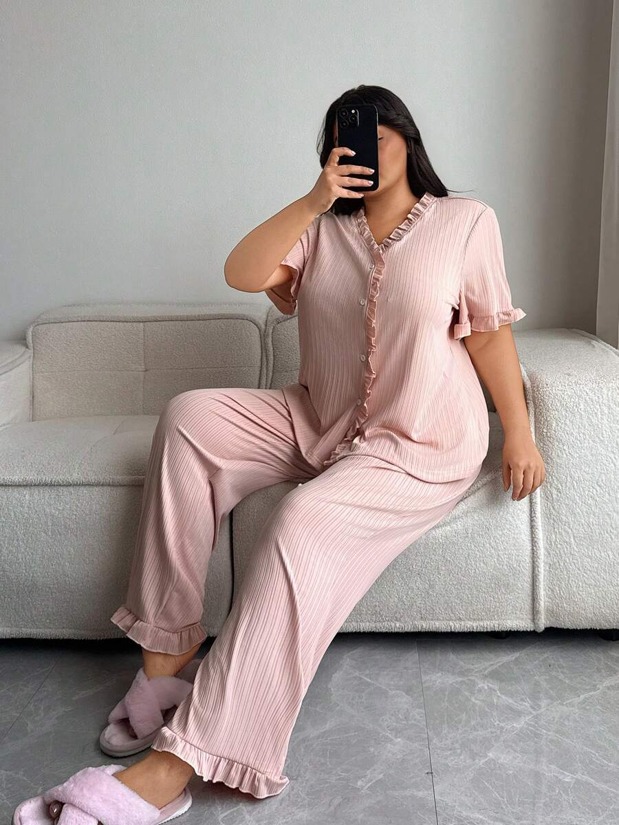 SHEIN Plus Size Pink Ribbed Jacquard Ruffle Trim Cardigan & Pants Pajama Set - Baby Pink - View 1