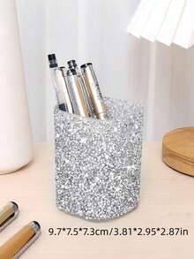 Joivida 1PC Large Capacity Rhinestone Decorated Multifunctional Creative Home Decor Glittering Clear Pen Holder Makeup Brush Organizer Storage Box For Bathroom Vanity Desk Top Office Home Use For Women Luxury Gift Idea Desk Accessory Home Organization - Multicolor - View 12
