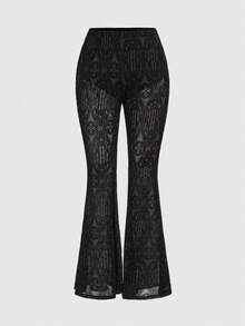 ROMWE Gothic Palace Style Flocked Sheer Flare Pants For Women - Black - View 1
