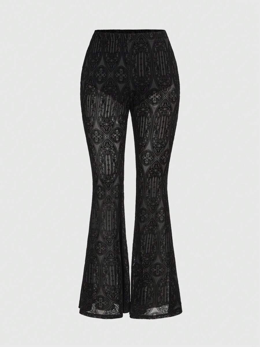ROMWE Gothic Palace Style Flocked Sheer Flare Pants For Women - Black - View 1