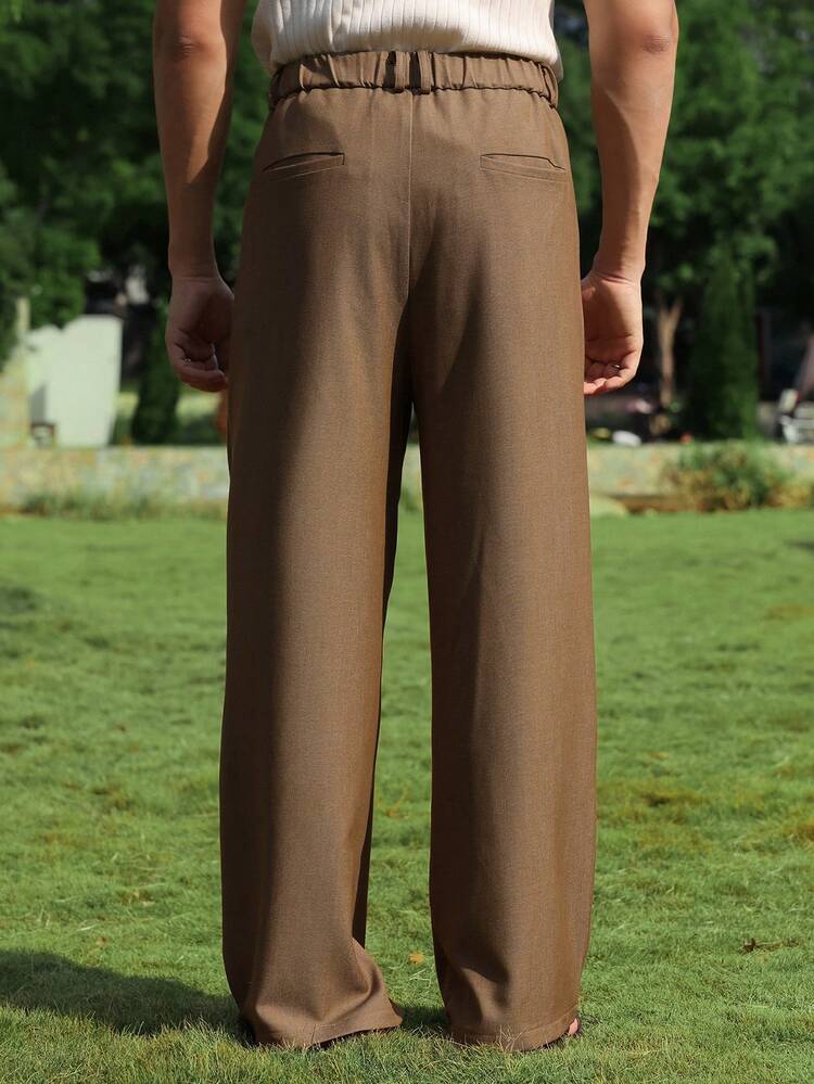 Men's Solid Brown Elastic Waist Pants, Spring/Autumn