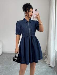 Elenzga 女士短款泡泡袖拉链休闲牛仔连衣裙 - 深色水洗藍 - 查看 7