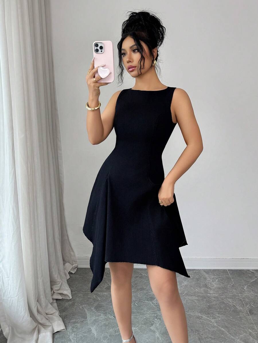 Elenzga 女士休闲牛仔连衣裙，圆领，无袖，不对称下摆 - 黑色 - 查看 1