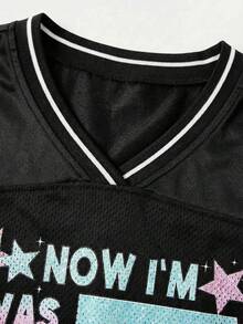 这款少女休闲街头风 Y2K 时尚豹纹 67 号拼接网眼 V 领罗纹饰边宽松落肩短袖针织 T 恤，黑色，时尚百搭，适合外出、购物、派对等场合。 - 黑色 - 查看 7