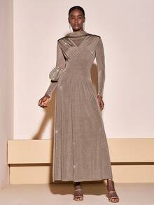 Zivah Winter Spring New, Music Festival, Easter, Western, Nomadic, Birthday Party, Holiday Dress, Party Dress, Elegant Dress For Women, Airport Outfits, Party, Holiday Outing, Elegant Banquet, Ball Gown, Street Fashion, Pleated Decor Fitted Waistline A-Line Midi Dress, Stretchy Knit, Shiny Knit Fabric Elegant Party Dress For Women - Brown - View 6