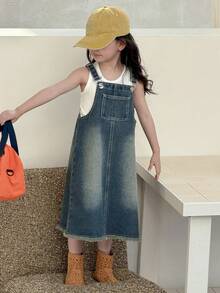 DAZY 女童宽松休闲牛仔背带裙，带口袋 - 藍色 - 查看 4