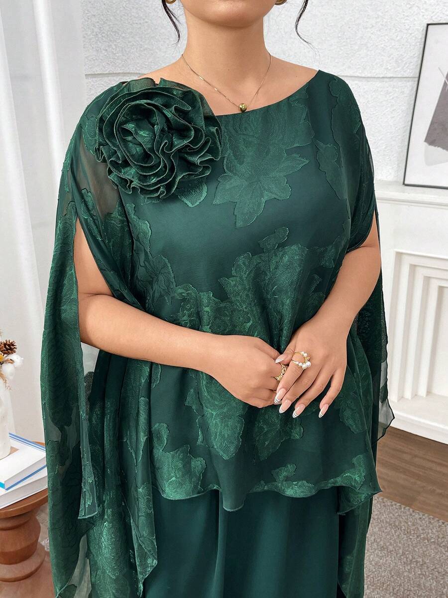 Modelyn Plus Size Elegant Commuter Floral Decor Shirt And Skirt 2 Pieces Set - Dark Green - View 1