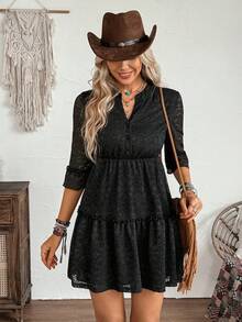 LanaWest 女士春夏西部乡村音乐风格黑色针织提花镂空V领喇叭袖A字连衣裙 - 黑色 - 查看 3