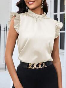 SHEIN Clasi Solid Color Ruffle Collar Elegant Satin Cap Sleeve Blouse,Summer Top - Apricot - View 3