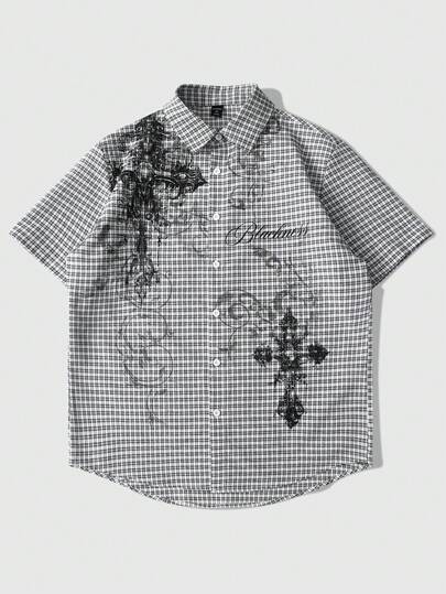 Camicia casual a maniche corte con bottoni e stampa a quadri per uomo