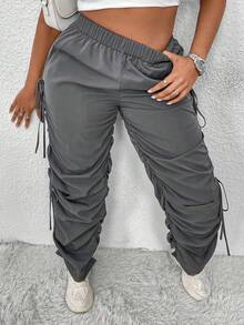 Flirla 女性加大碼彈性腰帶束口休閒褲 - 灰色 - 查看 3