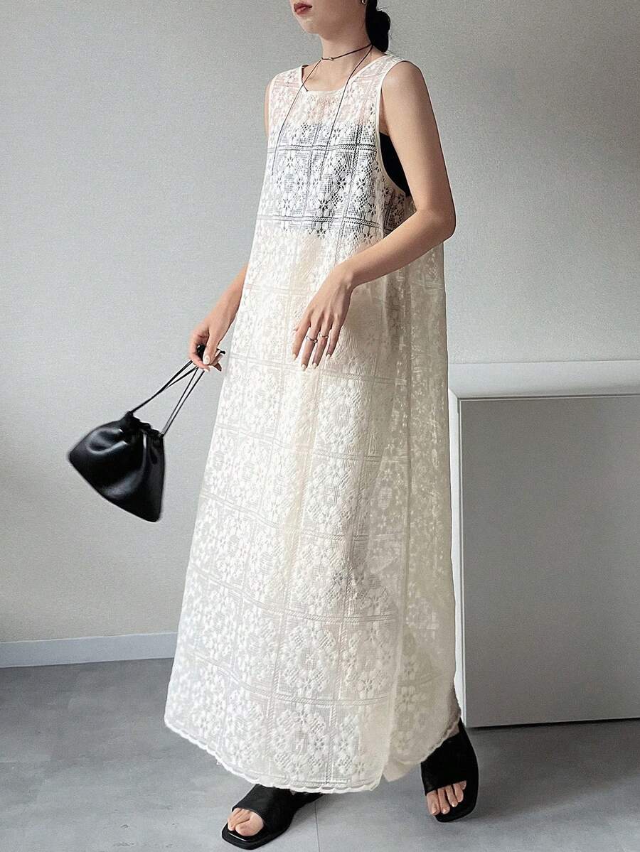 FRIFUL Đầm nữ không tay mỏng nhẹ, thích hợp mặc đi dự tiệc cưới mùa hè. - Màu be - Xem 1