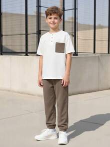 Vacaura 2pcs/Set Teenage Boys' Summer Casual Half-Placket Round Neck Short Sleeve T-Shirt And Drawstring Pants Outfit - Multicolor - View 3