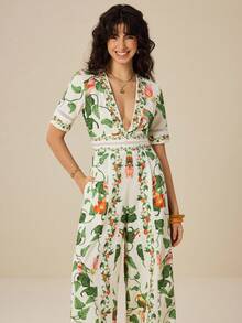 Felipe Marques Women's Floral Print Puff Sleeve Jumpsuit, Casual For Vacation, Party, Bohemian Style, Suitable For Spring And Autumn - Apricot - View 4