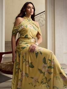 ZEYLAH Neck Tie Dye Elegant Romantic Vacation Dress, Spring/Summer - Yellow - View 1