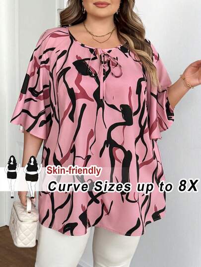 SHEIN CURVE+ Valentine's Day CURVE PLUS /Valentine's Day/Plus Size Women Tie Collar Casual Versatile Daily Commute Mid-Sleeve Shirt Curve Plus Tops 8xl Women Clothes