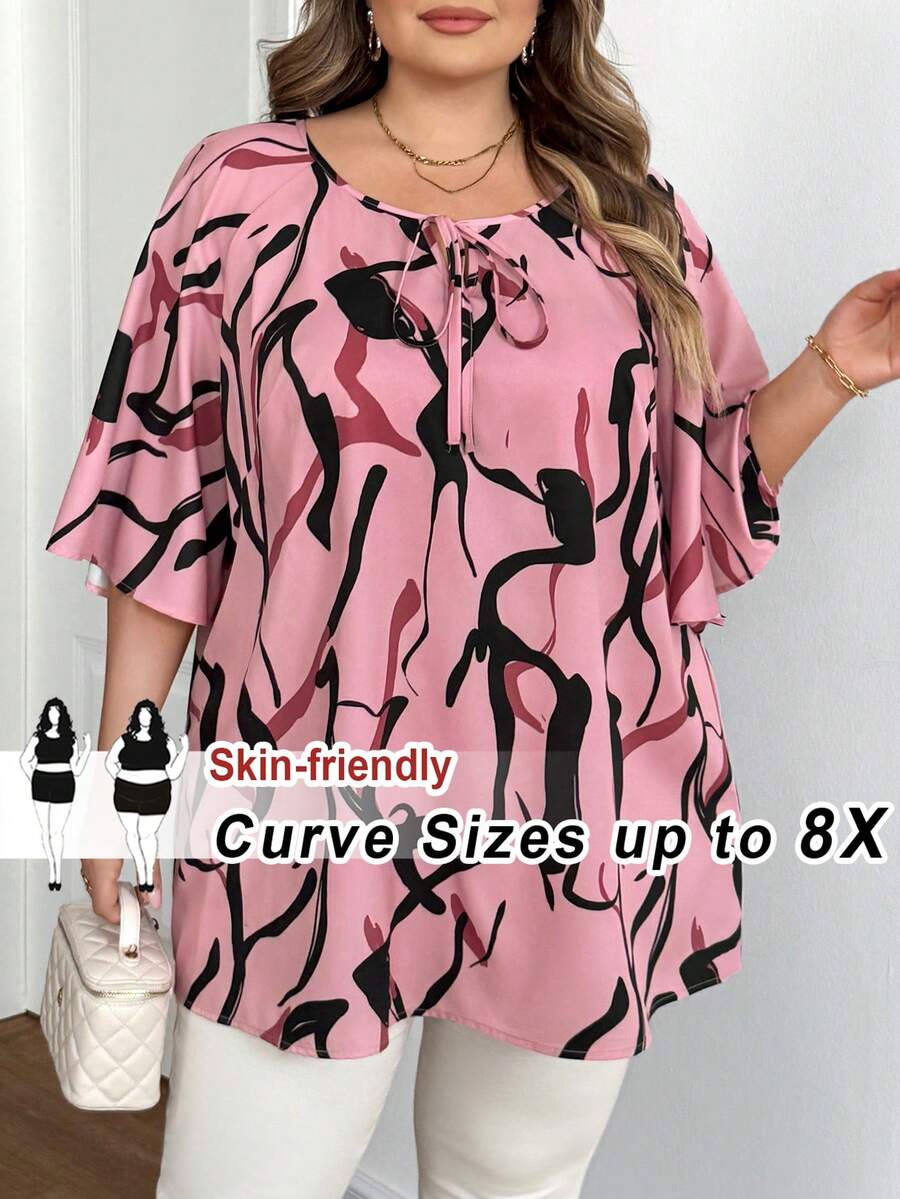 SHEIN CURVE+ 加大码女式大码系带领休闲百搭日常通勤中袖衬衫 - 彩色 - 查看 1
