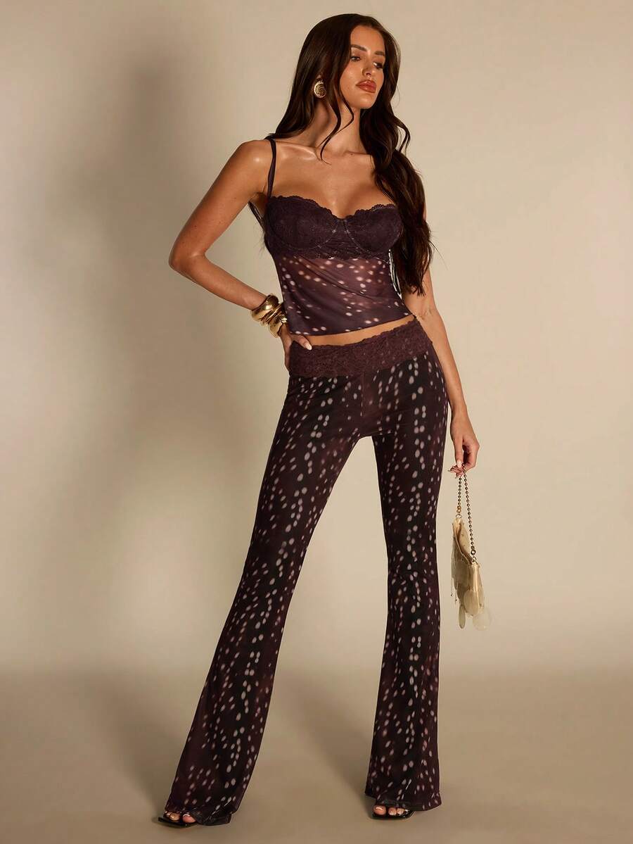 SHEIN BAE 女士撞色蕾丝印花喇叭裤 - 棕色 - 查看 1