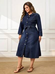 Breezaya Women's Long Sleeve Single-Breasted Casual Denim Shirt Dress - Dark Wash - View 3