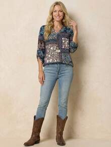 EMERY ROSE Women V-Neck Mid-Sleeve All-Over Print Casual Shirt Fall Women Clothes - Multicolor - View 4