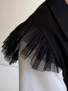 FRIFUL Women's Solid Black Sheer Mesh Patchwork Loose Casual Versatile Blazer Jacket - Black - View 3